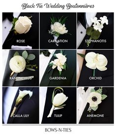 wedding boutonnieres with white flowers and greenery for men in black tuxedos