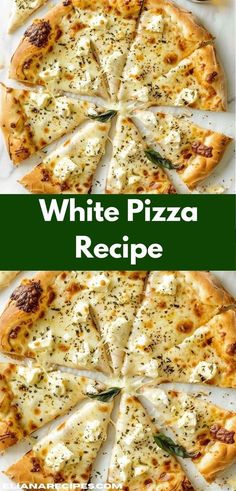 the white pizza is cut into eight slices