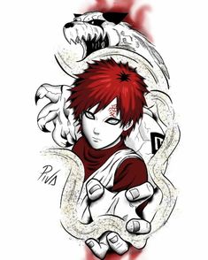 an anime character with red hair holding a snake