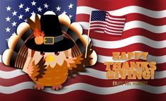 an eagle wearing a pilgrim hat and standing in front of the american flag for thanksgiving giving