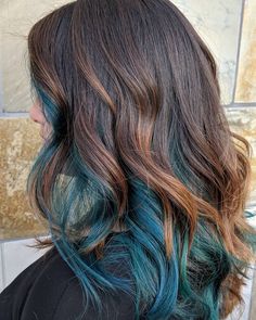 Beautiful Blue Highlights for Blonde Hair Teal Halo Hair, Brown To Teal Ombre Hair, Auburn And Teal Hair, Brown Hair With Teal Underneath, Dark Hair With Teal Highlights, Teal Balayage Brunettes, Teal Streaks In Brown Hair, Dark Teal Hair Ombre, Teal Underneath Hair