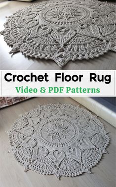 the crochet floor rug pattern is shown in two different sizes and has been made with