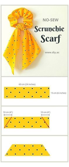 the instructions for how to make a no - sew scrunch scarf with yellow polka dots