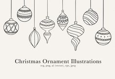 christmas ornament illustrations with ornaments hanging from strings