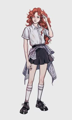 a drawing of a girl with long red hair wearing a skirt and shirt, standing in front of a white background