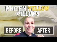 a woman is smiling and showing off her yellow pillow before and after it was made