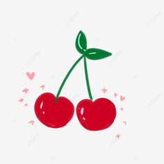 two cherries with green leaves on the top and pink hearts in the background, cherry, fruit, berries png and psd