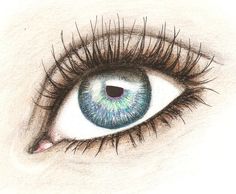 a drawing of an eye with long lashes and blue eyeshade, drawn in colored pencil