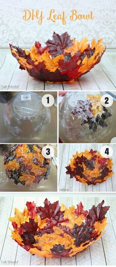 how to make a fall leaf bowl with leaves on the bottom, and instructions for making it