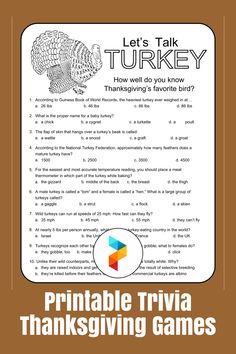 a thanksgiving trivia game with the words, let's talk turkey and an image of