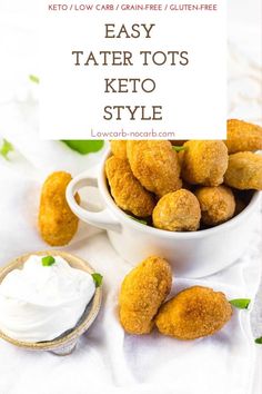 tater tots in a white bowl with whipped cream on top and the title overlay reads easy tater tots keto style low carb