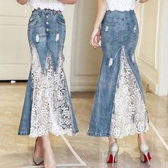 Material: Denim. Condition: New with top quality. Color: Blue. Pal, safe and fast of both of us! We only accept. | eBay! Återvinna Jeans, Jeans Long Skirt, Vestiti In Jeans, Mermaid Skirts, Long Skirt Summer, Skirts Summer, Denim Ideas, Denim Crafts, Lace Mermaid