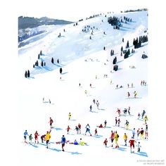 a large group of people skiing down a snow covered slope with trees in the background