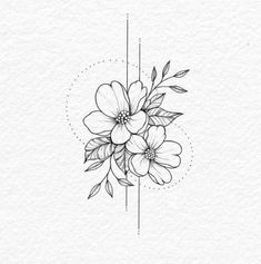 a line drawing of flowers and leaves on a white paper with the letter e in it