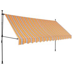 an orange and white striped awning with black poles on the side, against a white background