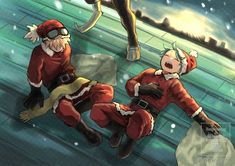 two people dressed as santa claus sitting on a ledge