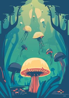 an illustration of jellyfish swimming in the ocean with trees and plants around them,