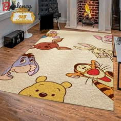 winnie the pooh and friends rug in front of a fireplace with disney characters on it