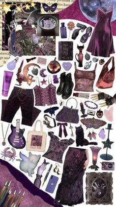 a collage of purple and black items