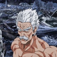 an anime character with white hair and grey eyes, standing in front of destroyed buildings