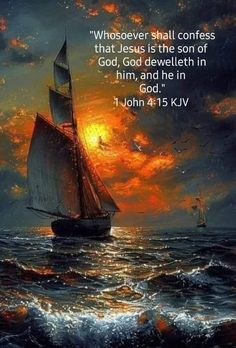 a painting of a sailboat in the ocean with a bible verse on it's side