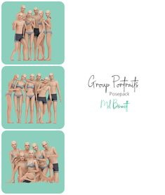 four photos of people in swimsuits posing for a group portrait with the caption'm & b photography '