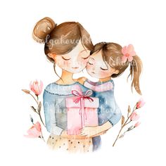 two girls hugging each other while holding a pink box with a bow on it's neck