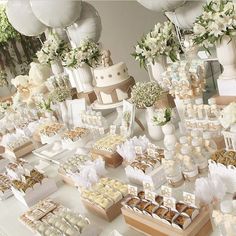 a table filled with lots of different types of desserts