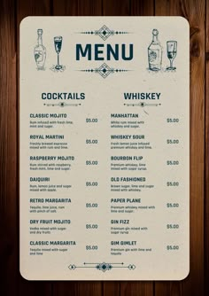 a menu with drinks on it sitting on top of a wooden table