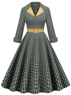 Yellow & Black 1950s Plaid Lapel Belt Swing Dress – Retro Stage - Chic Vintage Dresses and Accessories Vintage Glamour Dress, Vintage Pin Ups, Vestidos Pin Up, Vintage Wedding Party, Pin Up Vintage, Lovely Partner, Glamour Vintage, Children Dress, Pin Up Outfits