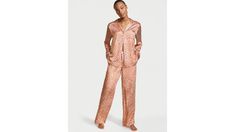 Victoria's Secret Animal Satin Regular Pajama Set (XXL-Regular) Satin Pant, Animal Pajamas, Pipe Decor, Drawstring Waist Shorts, Top Hits, Satin Pants, Button Front Top, Notch Collar, Chest Pocket