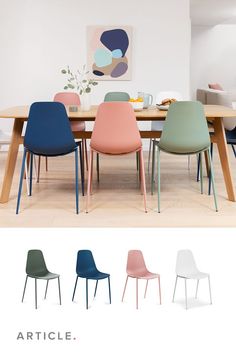 the chairs are all different colors on the table and in front of it is an article painting