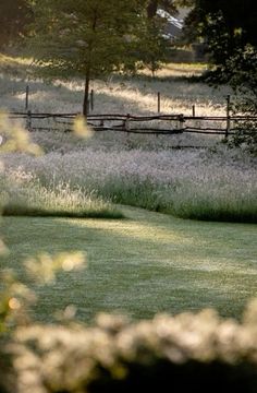 a person walking across a lush green field next to a wooden fence on a sunny day