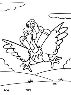 a cartoon turkey flying through the air with clouds in the background and grass on the ground