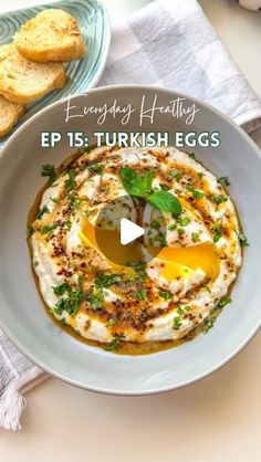 an egg and cheese dish on a white plate with bread in the background text reads enjoy today healthy ep 15 turkish eggs