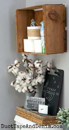 a wooden box with cotton in it on top of a toilet next to a plant