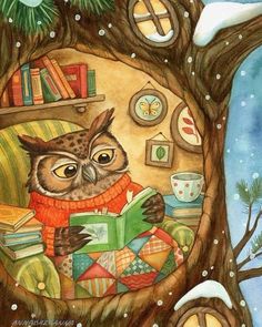 an owl is sitting in a tree reading a book