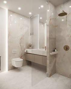 a modern bathroom with marble walls and flooring