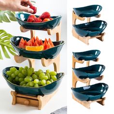 three bowls with fruit in them are stacked on top of each other