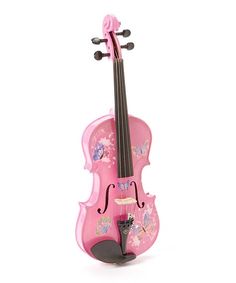 a pink violin with butterflies painted on it's body and bow, sitting upright