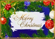 a merry christmas card with ornaments and holly branches on blue, green and gold background