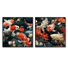 two paintings of koi fish in the water