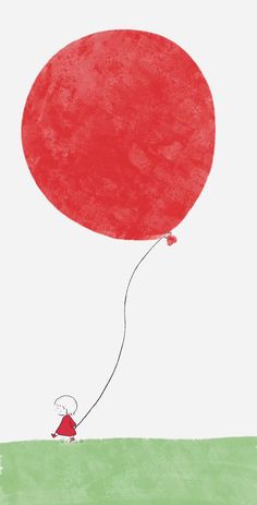 a drawing of a person flying a red balloon with a string attached to the side