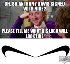 an old man is smiling while he looks at the woman in front of him and says, oh so anthony dam's signed with nike? please tell me what his logo will look like