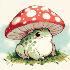 a frog sitting in the grass with a mushroom on top of it's head