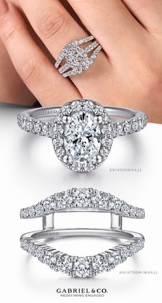 a diamond ring and two wedding bands with the words, garbel eco on it