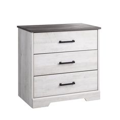 a white dresser with two drawers and black handles