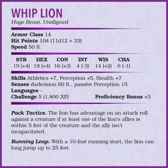 DnD 5e Statblock for Whip Lion by Me.Mimic Entrapment Art, Dnd Sheet, Dnd Beasts, Dm Board, Dnd Enemies