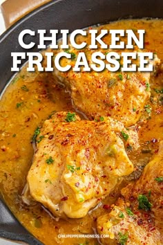 chicken fricasee in a skillet with the title above it