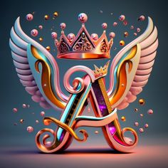 the letter a with wings and a crown on top is surrounded by bubbles, balls and confetti